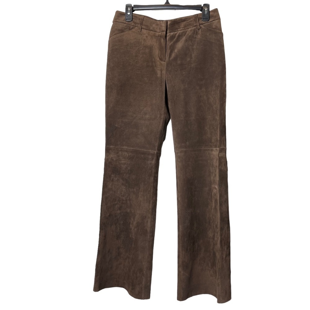 MODA INTERNATIONAL Christie Fit Brown Genuine Leather Suede Flare Pants Size 6